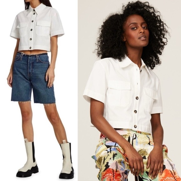 ANINE BING 90s Short Sleeve Cotton Poplin Button Up Crop Utility Camp Shirt XS - Picture 5 of 16